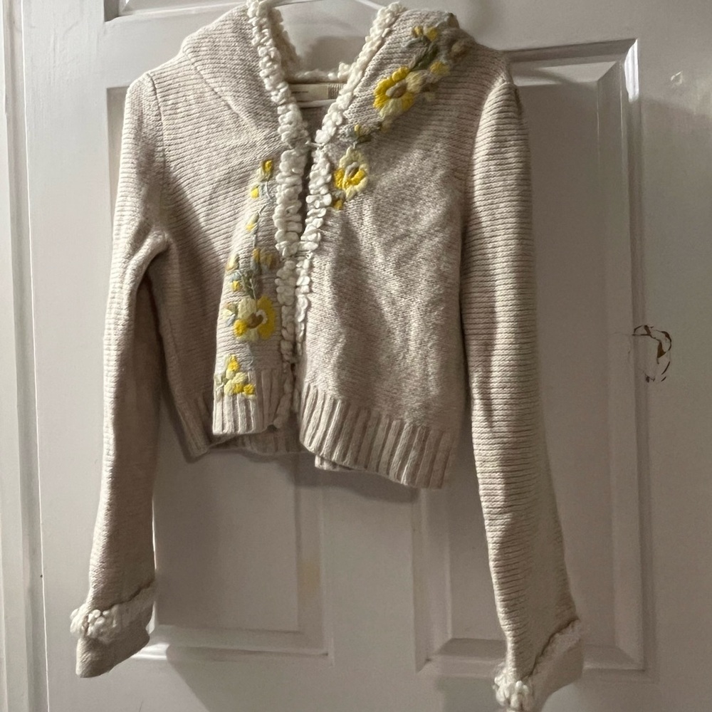Anthropologie Cream Cardigan with Yellow Floral Details
